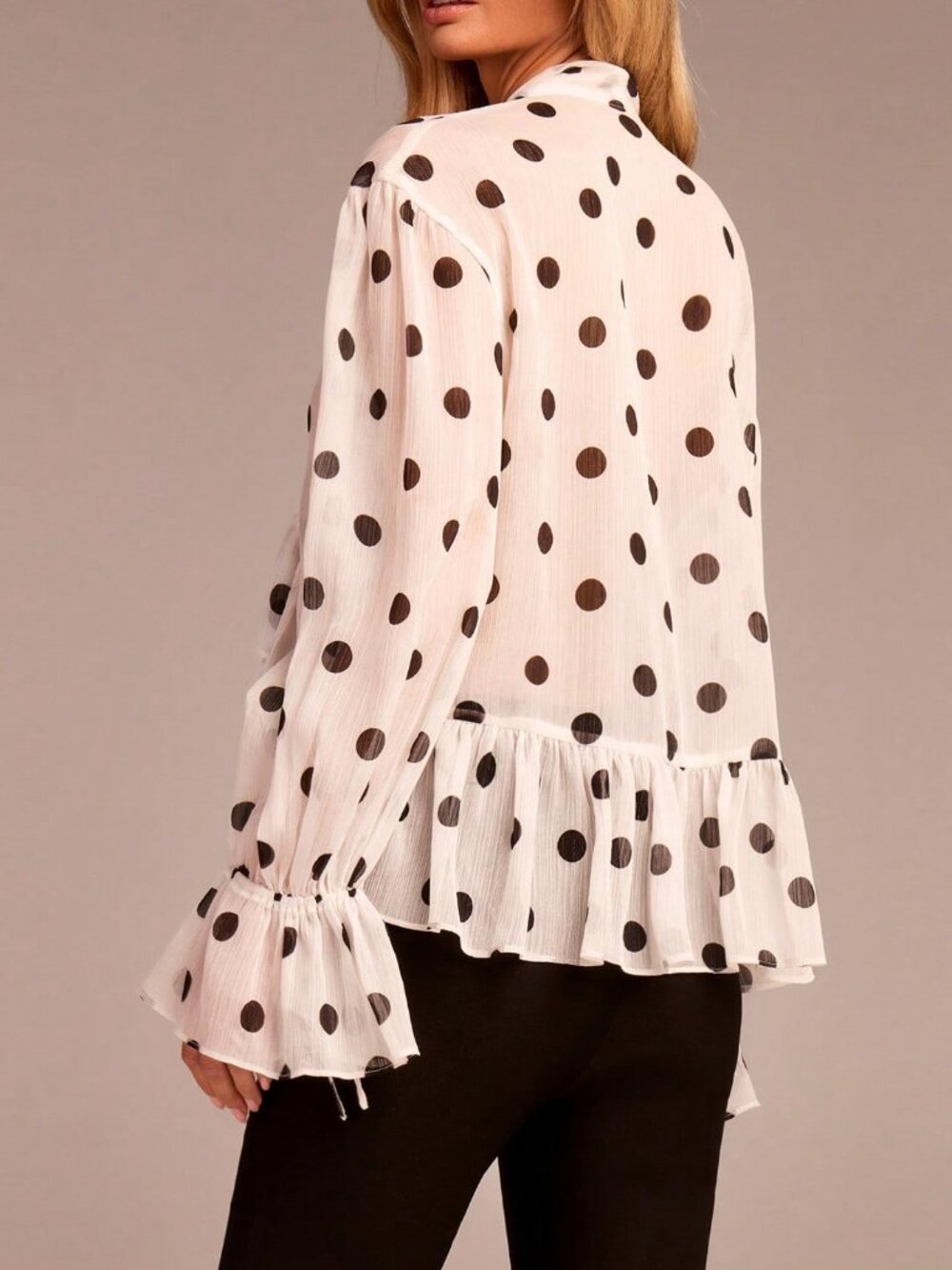 Black And White Elegant Women's Long Sleeve Tie-Waist Ruffle Polka Dot Blouse - Picture 4 of 6